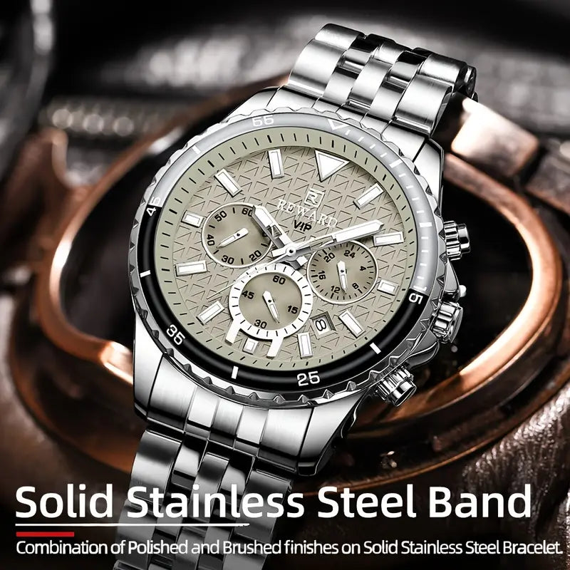 New REWARD Business Silvery Gray Quartz Watch Men Timing Calendar Luminous hands Multi-functional Wristwatch High Quality Gift for Male Classic Design Stainless Steel Watch Band, REWARD