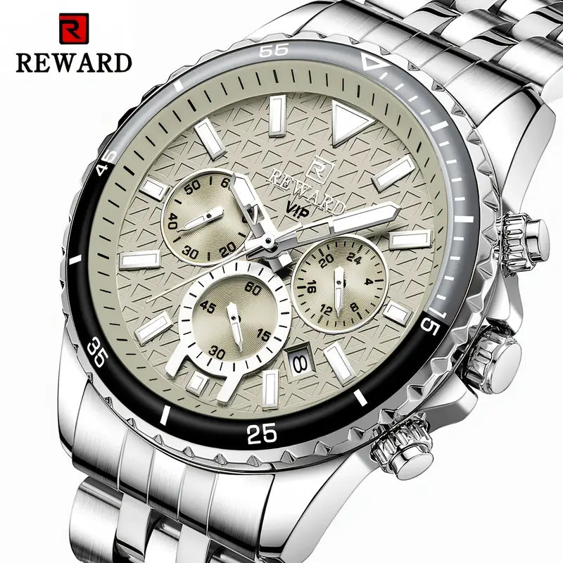 New REWARD Business Silvery Gray Quartz Watch Men Timing Calendar Luminous hands Multi-functional Wristwatch High Quality Gift for Male Classic Design Stainless Steel Watch Band, REWARD