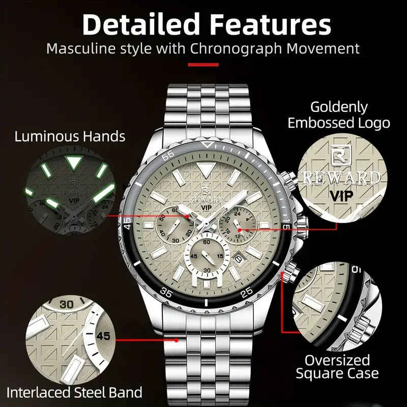 New REWARD Business Silvery Gray Quartz Watch Men Timing Calendar Luminous hands Multi-functional Wristwatch High Quality Gift for Male Classic Design Stainless Steel Watch Band, REWARD