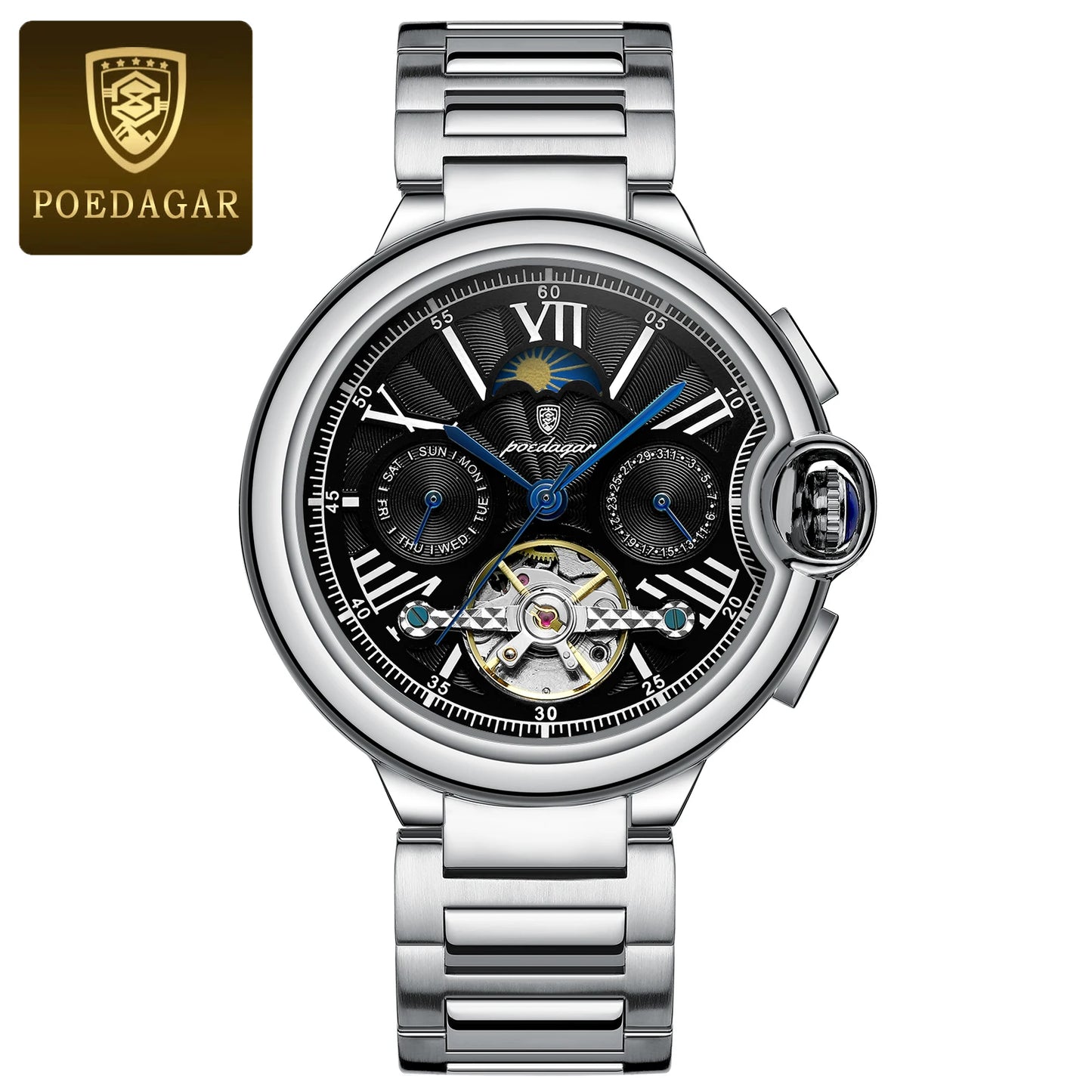 POEDAGAR Luxury Man Watch Hollow Tourbillon Automatic Mechanical