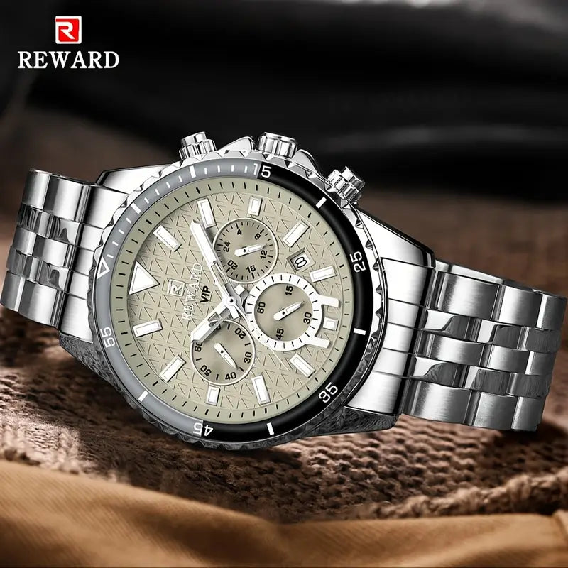 New REWARD Business Silvery Gray Quartz Watch Men Timing Calendar Luminous hands Multi-functional Wristwatch High Quality Gift for Male Classic Design Stainless Steel Watch Band, REWARD