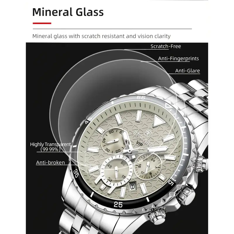 New REWARD Business Silvery Gray Quartz Watch Men Timing Calendar Luminous hands Multi-functional Wristwatch High Quality Gift for Male Classic Design Stainless Steel Watch Band, REWARD