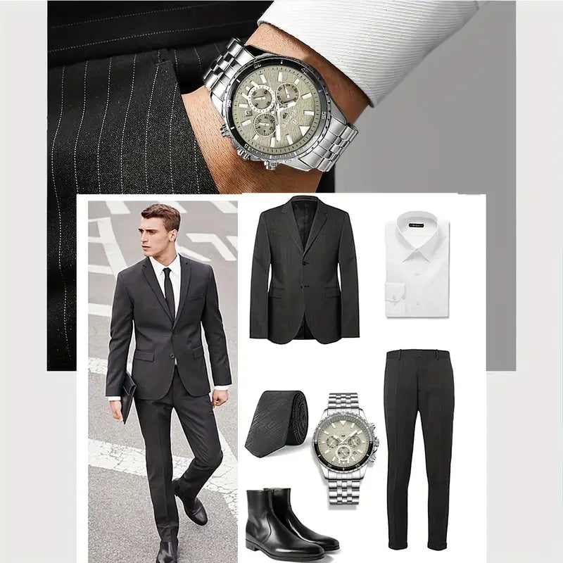 New REWARD Business Silvery Gray Quartz Watch Men Timing Calendar Luminous hands Multi-functional Wristwatch High Quality Gift for Male Classic Design Stainless Steel Watch Band, REWARD