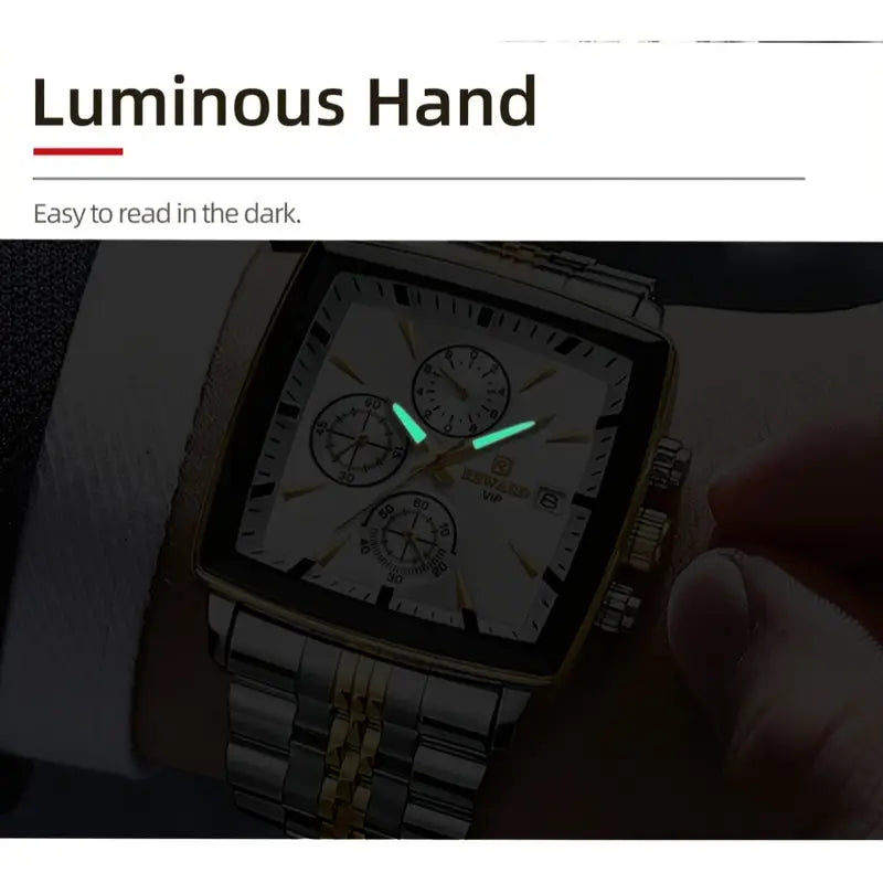 Luxury Golden And White Rectangular Men'S Watches Multifunctional Quartz Wristwatches with Luminous Hands, Perfect for Business