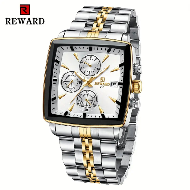 Luxury Golden And White Rectangular Men'S Watches Multifunctional Quartz Wristwatches with Luminous Hands, Perfect for Business