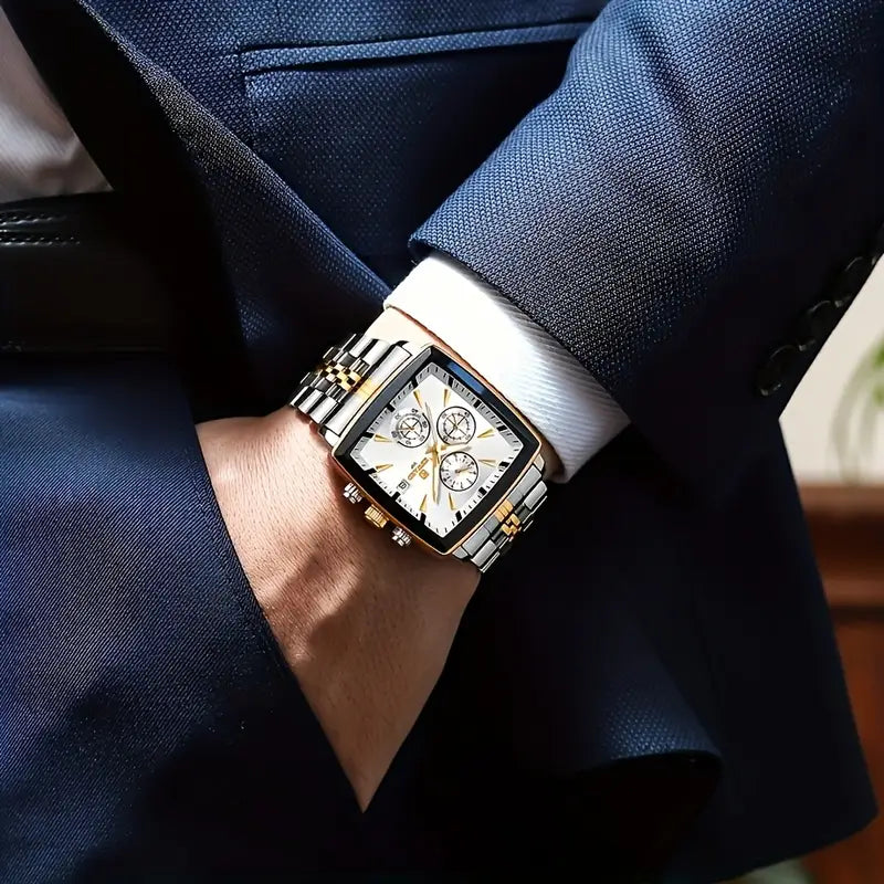 Luxury Golden And White Rectangular Men'S Watches Multifunctional Quartz Wristwatches with Luminous Hands, Perfect for Business