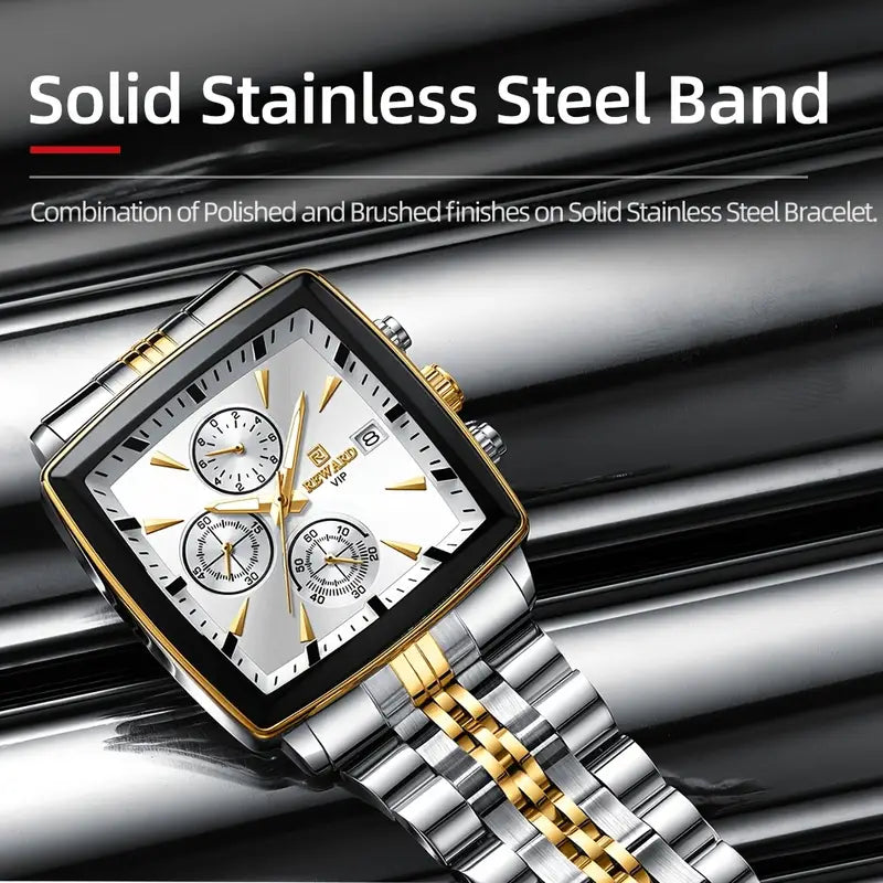 Luxury Golden And White Rectangular Men'S Watches Multifunctional Quartz Wristwatches with Luminous Hands, Perfect for Business