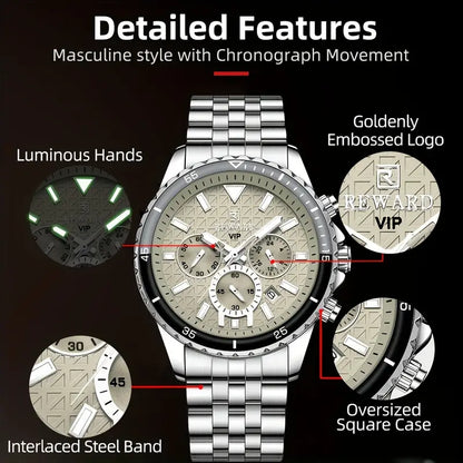 New REWARD Business Silvery Gray Quartz Watch Men Timing Calendar Luminous hands Multi-functional Wristwatch High Quality Gift for Male Classic Design Stainless Steel Watch Band, REWARD