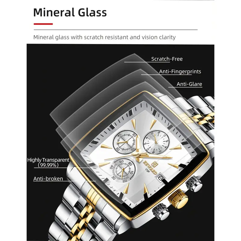 Luxury Golden And White Rectangular Men'S Watches Multifunctional Quartz Wristwatches with Luminous Hands, Perfect for Business