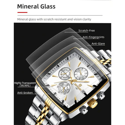 Luxury Golden And White Rectangular Men'S Watches Multifunctional Quartz Wristwatches with Luminous Hands, Perfect for Business
