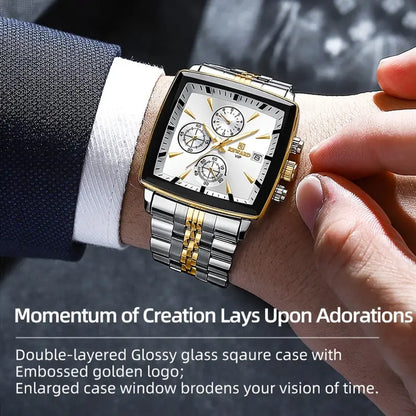 Luxury Golden And White Rectangular Men'S Watches Multifunctional Quartz Wristwatches with Luminous Hands, Perfect for Business