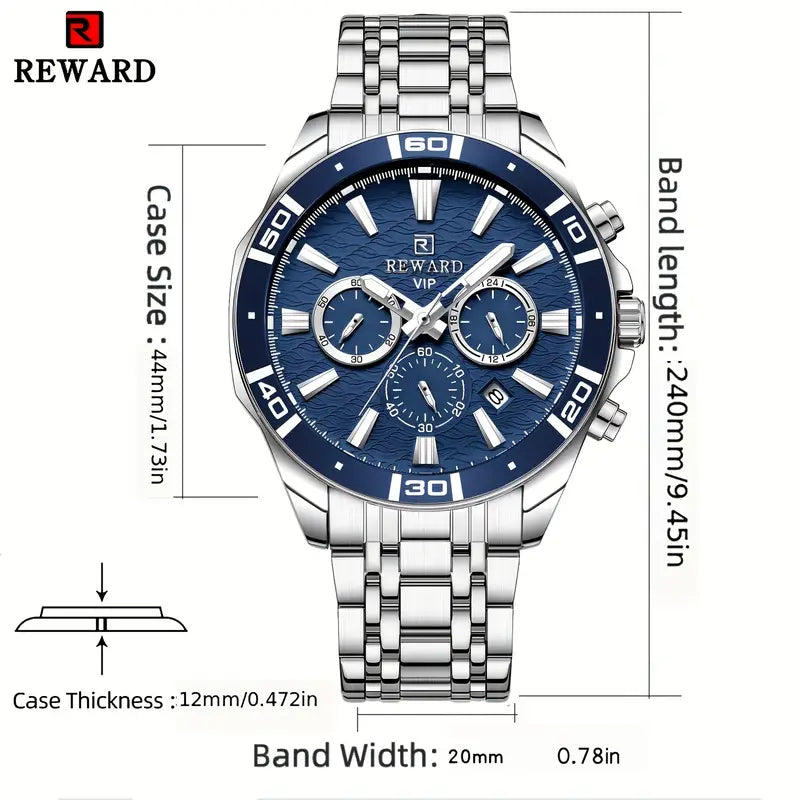 REWARD VIP Men'S Quartz Wristwatch, Casual Style with Sequins, Round Zinc Alloy Case, Stainless Steel Strap, Chronograph,Business & Sport Watch