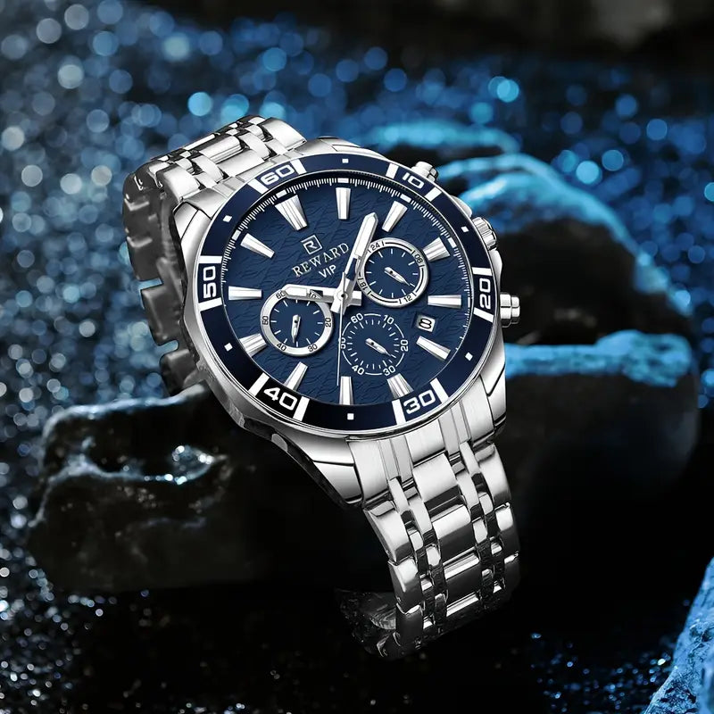 REWARD VIP Men'S Quartz Wristwatch, Casual Style with Sequins, Round Zinc Alloy Case, Stainless Steel Strap, Chronograph,Business & Sport Watch