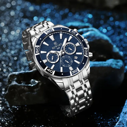REWARD VIP Men'S Quartz Wristwatch, Casual Style with Sequins, Round Zinc Alloy Case, Stainless Steel Strap, Chronograph,Business & Sport Watch