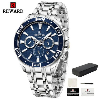 REWARD VIP Men'S Quartz Wristwatch, Casual Style with Sequins, Round Zinc Alloy Case, Stainless Steel Strap, Chronograph,Business & Sport Watch