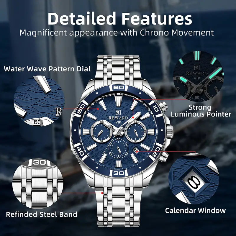 REWARD VIP Men'S Quartz Wristwatch, Casual Style with Sequins, Round Zinc Alloy Case, Stainless Steel Strap, Chronograph,Business & Sport Watch