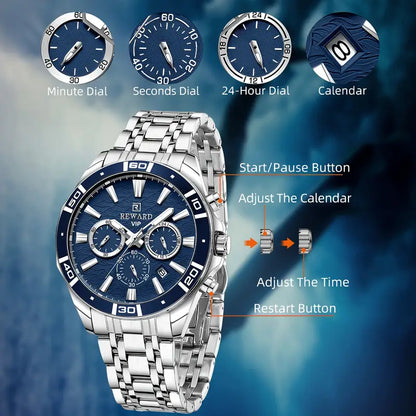 REWARD VIP Men'S Quartz Wristwatch, Casual Style with Sequins, Round Zinc Alloy Case, Stainless Steel Strap, Chronograph,Business & Sport Watch
