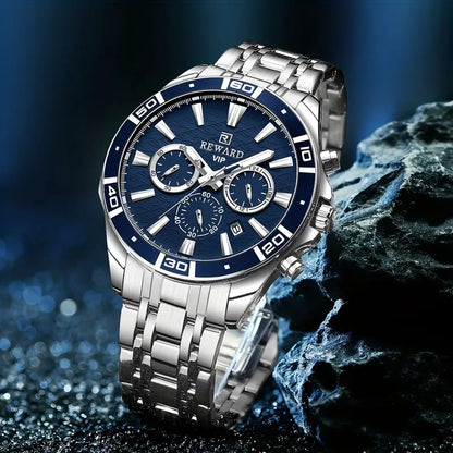 REWARD VIP Men'S Quartz Wristwatch, Casual Style with Sequins, Round Zinc Alloy Case, Stainless Steel Strap, Chronograph,Business & Sport Watch