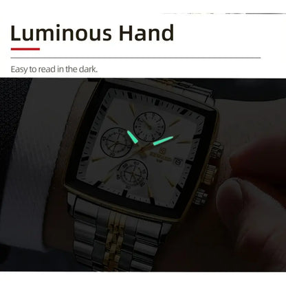 Luxury Golden And White Rectangular Men'S Watches Multifunctional Quartz Wristwatches with Luminous Hands, Perfect for Business
