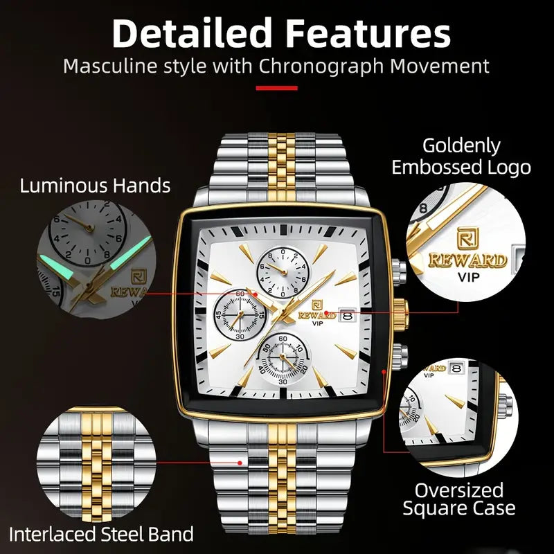 Luxury Golden And White Rectangular Men'S Watches Multifunctional Quartz Wristwatches with Luminous Hands, Perfect for Business