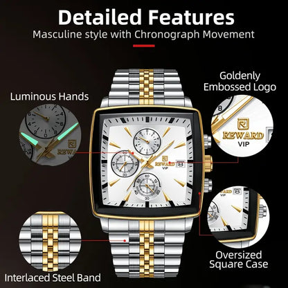 Luxury Golden And White Rectangular Men'S Watches Multifunctional Quartz Wristwatches with Luminous Hands, Perfect for Business