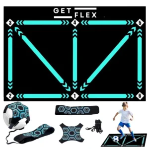 Home soccer training mat with kick trainer, practice mat and ball controller with adjustable waist belt and elastic rope